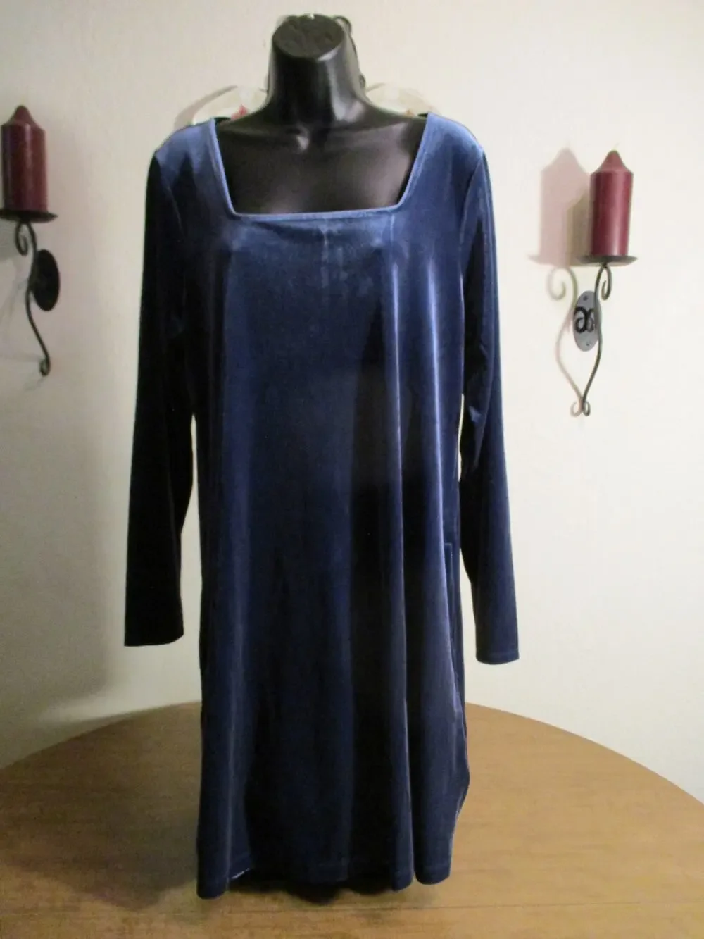 LANDS END WOMENS VELOUR LONG SLEEVE PULLOVER DRESS BLUE L